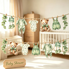 Sage Green Baby Shower Decorations Garland components including 14 watercolor cutouts, jute twine, and wooden clips