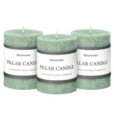 Three sage green 3x4 inch pillar candles in a set of 3