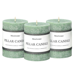 Three sage green 3x4 inch pillar candles in a set of 3