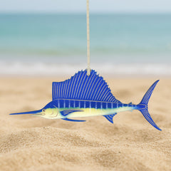 Hand-painted Sailfish ornament with laser engraved details