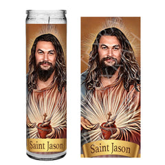 Saint Jason Momoa celebrity prayer altar candle 8 inch tall