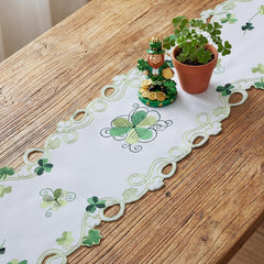 Embroidered shamrock decor on Saint Patricks Day table runner