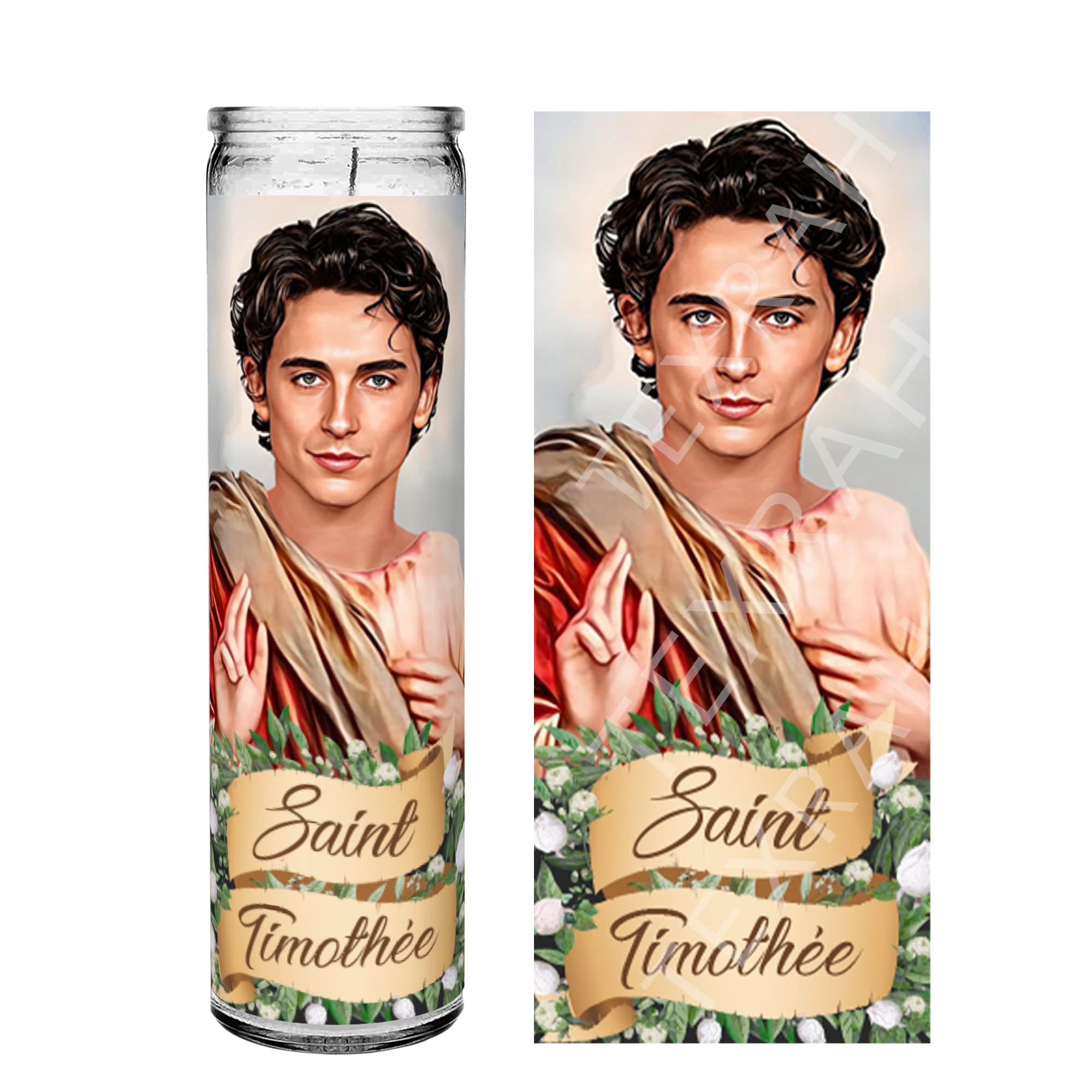 Saint Timothée Chalamet celebrity prayer devotion altar candle front view 8in