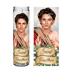 Saint Timothée Chalamet celebrity prayer devotion altar candle front view 8in