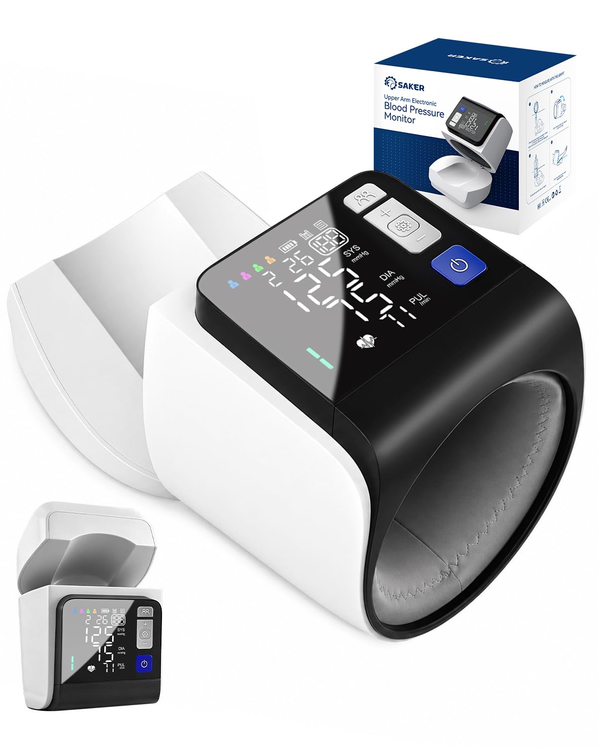 Saker Blood Pressure Monitor Upper Arm no-wrap design on display