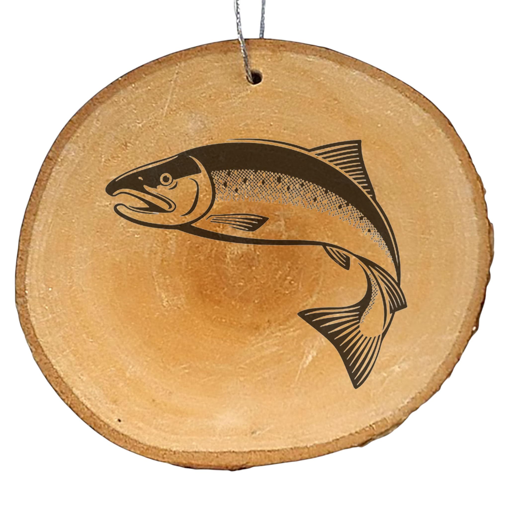 Salmon Engraved Wood Ornament live edge with silver string