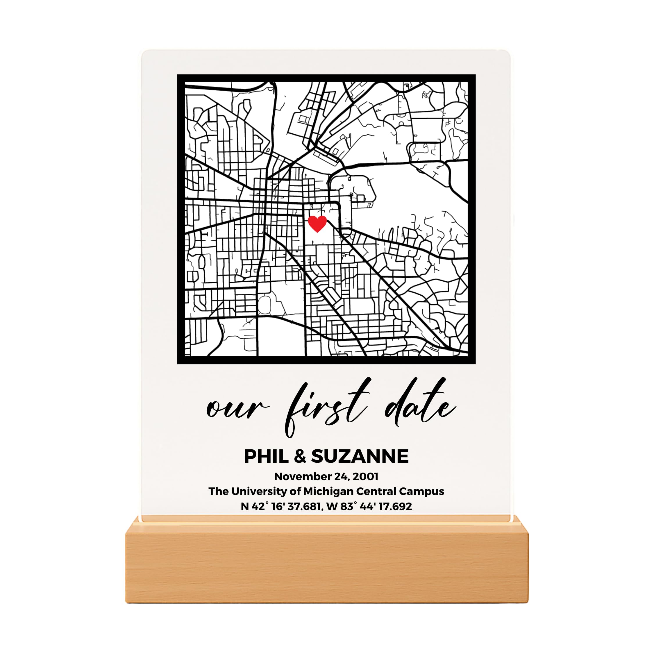SAME DAY SHIP Where We Met Custom Map wooden base LED light
