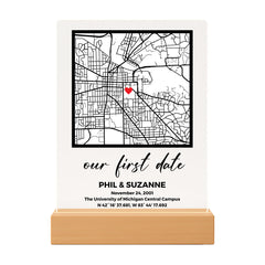SAME DAY SHIP Where We Met Custom Map wooden base LED light