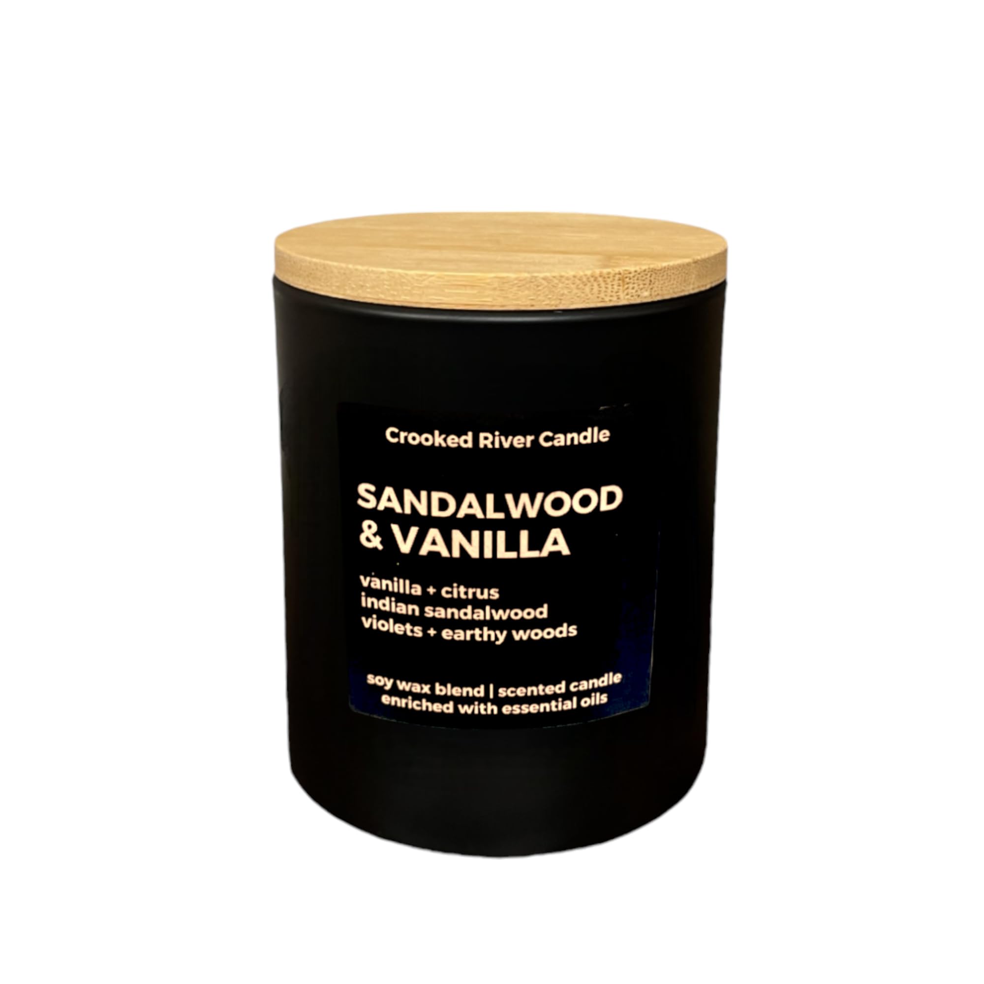 Sandalwood Vanilla soy candle matte black vessel wood wick 7.5 oz