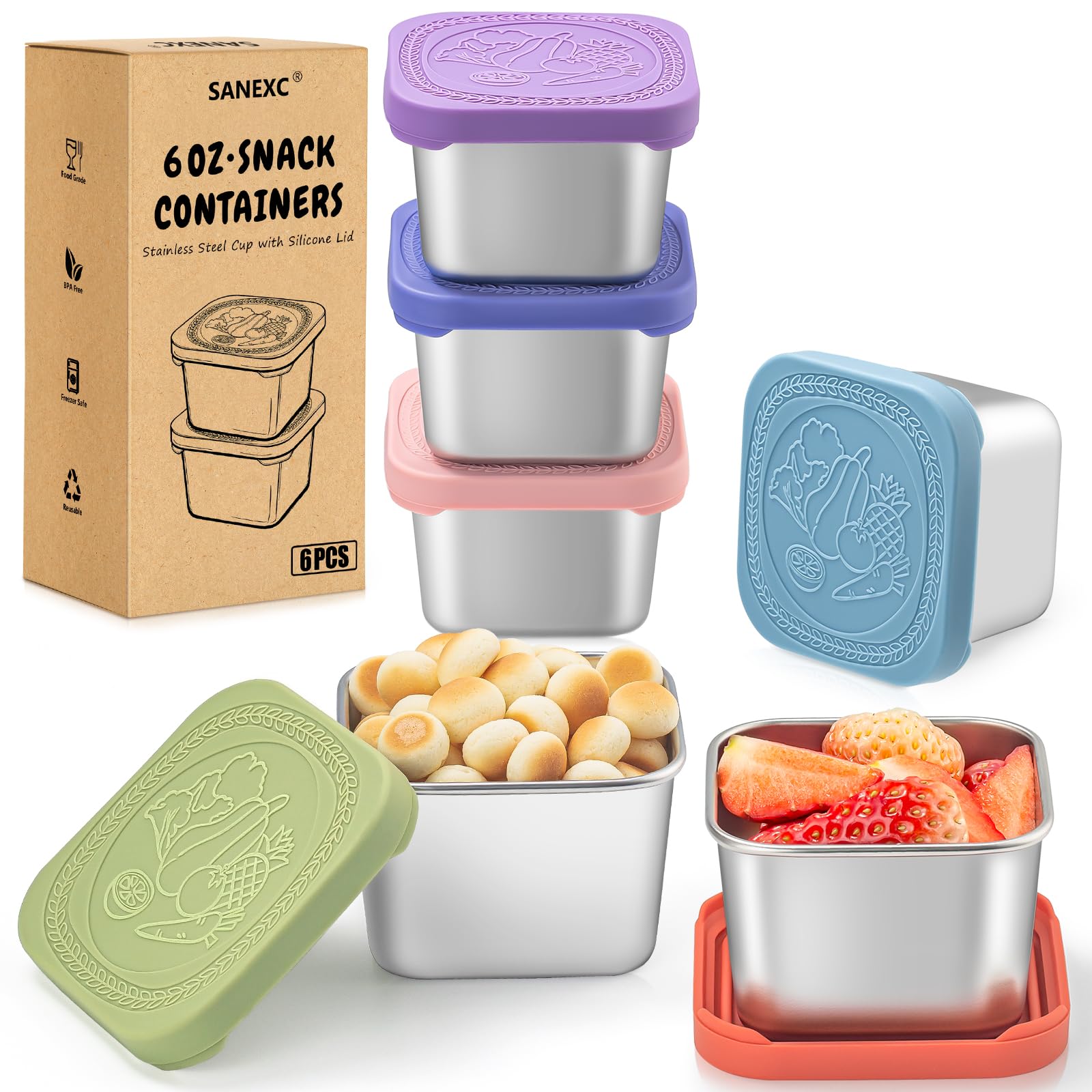 SANEXC 6 Oz stainless steel snack containers 6-pack with lids for kids