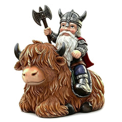 sangeren Viking Warrior Gnome Riding Highland Cow Statue front view