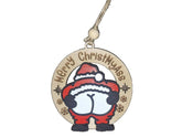 Santa Butts handmade multi layer Christmas ornament with black base and red white accents
