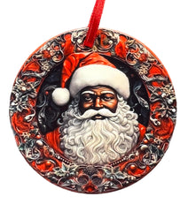 Santa Claus round Christmas ornament in black MDF material