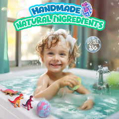 Bubble burst bath bombs releasing dinosaur toy