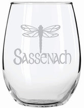 Sassenach Dragonfly Gaelic Scottish Glass 15 oz wine glass with embedded laser engraving