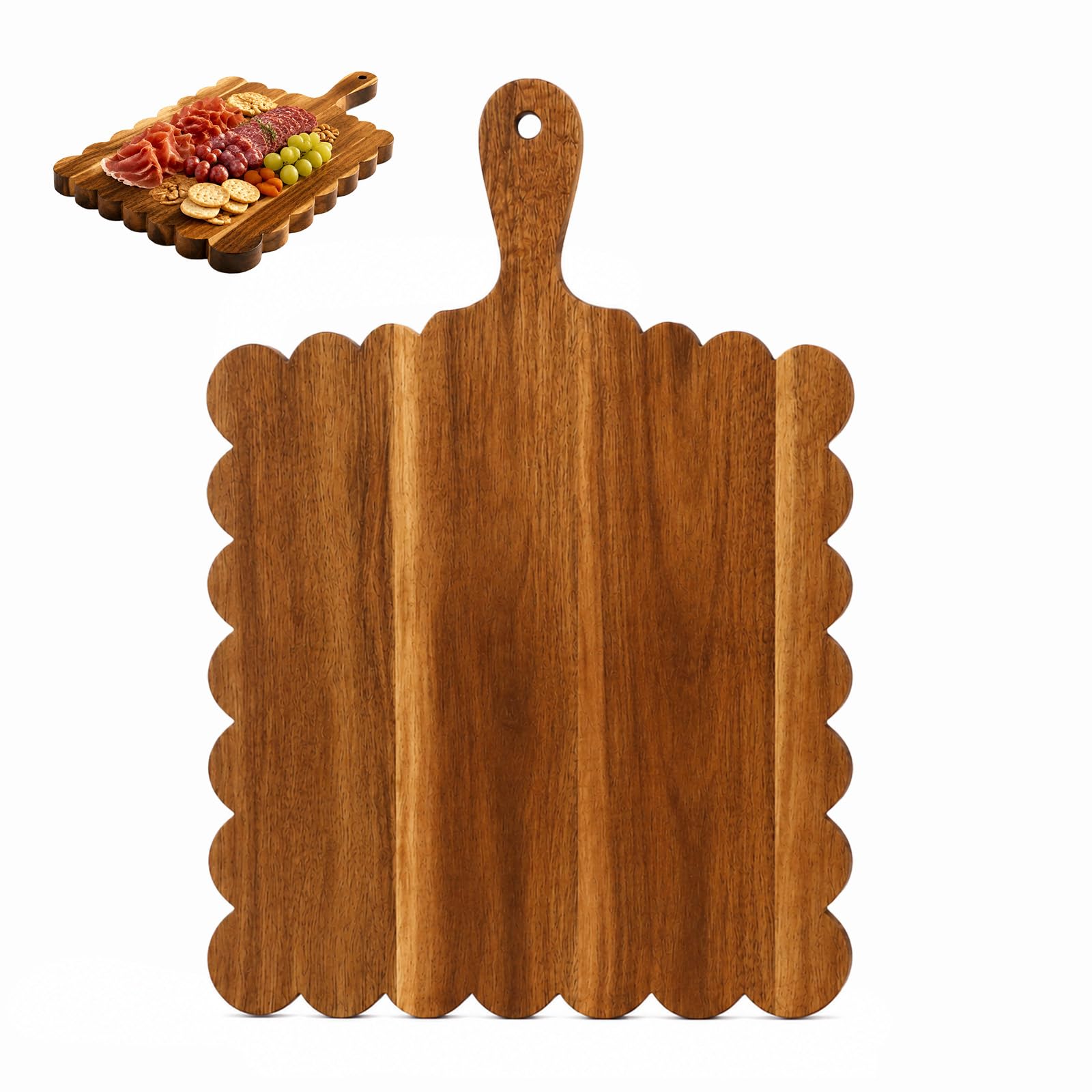 Scalloped edge acacia wood cutting board with handle 16.93 x 12.99 inches