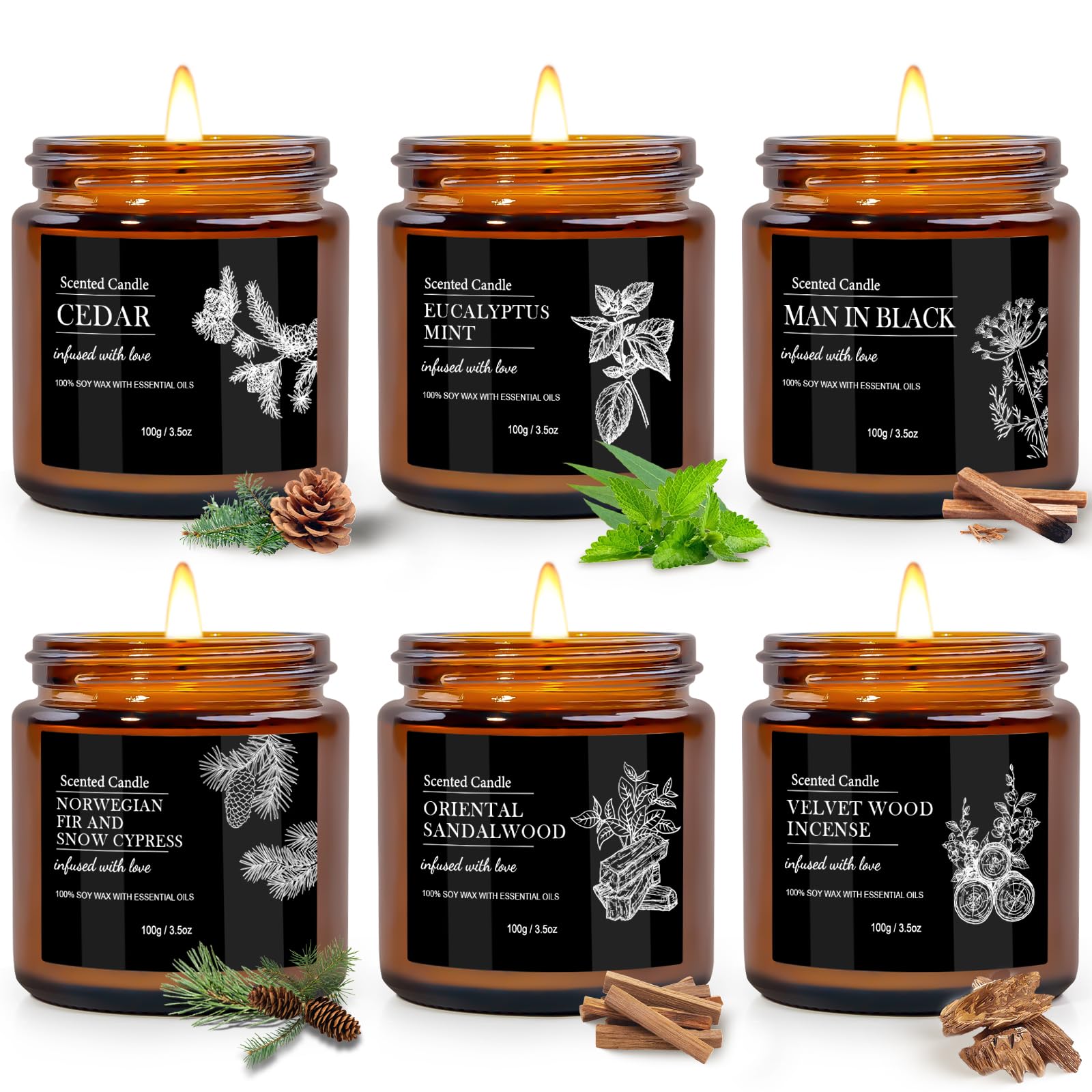 Scented Candles for Men 6 pack collection in black jars