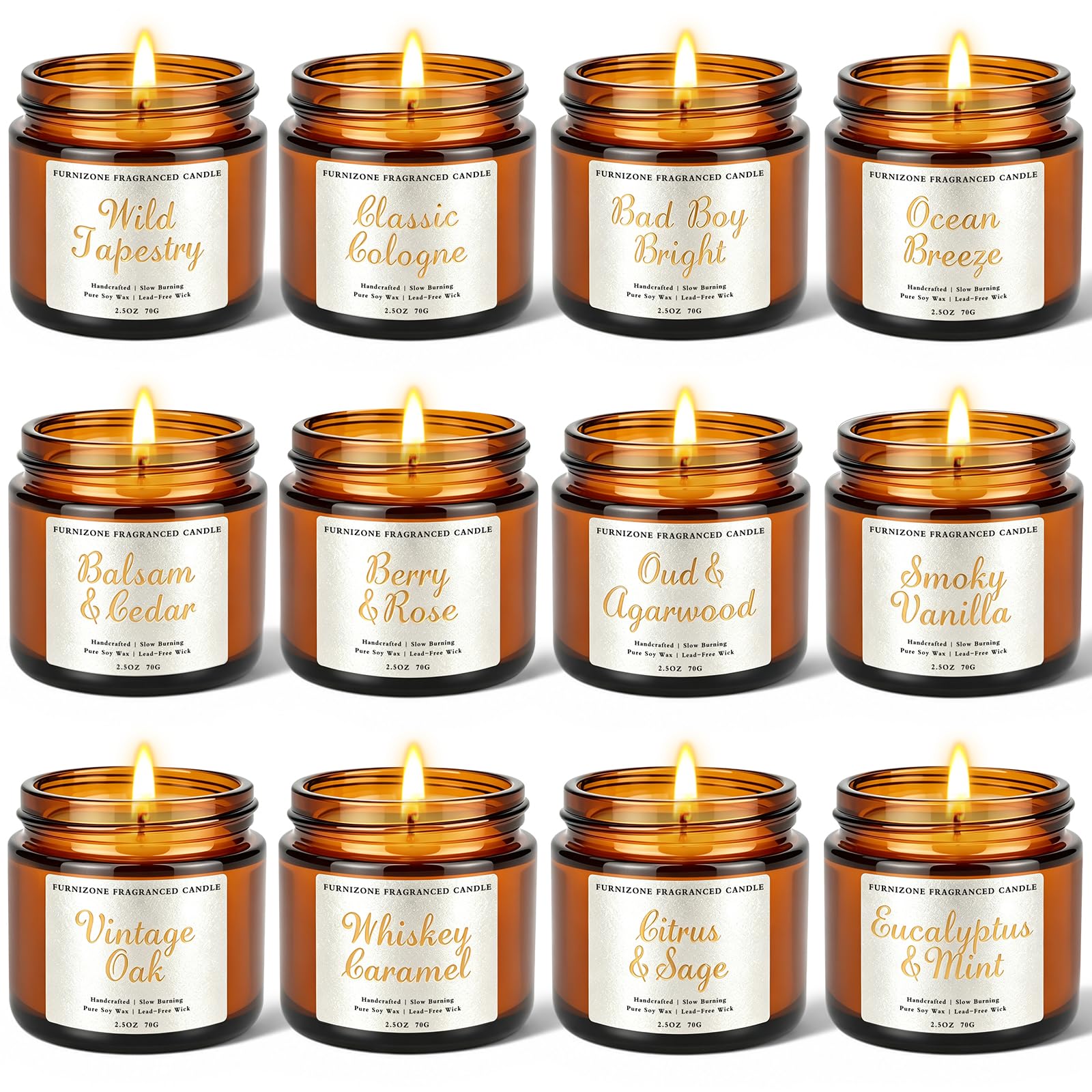 Scented Candles Set 12 pack in amber glass jars