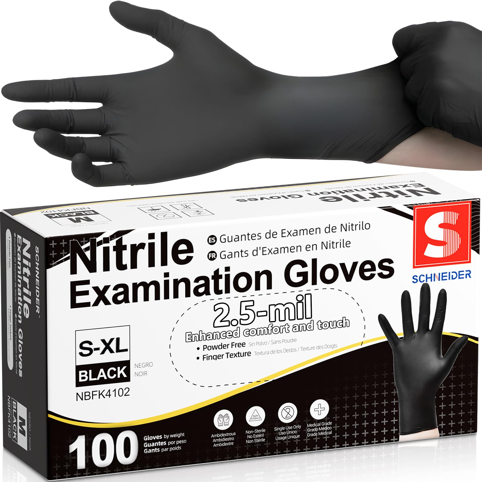 Schneider Black nitrile exam gloves box of 100 medium size texturized fingertips
