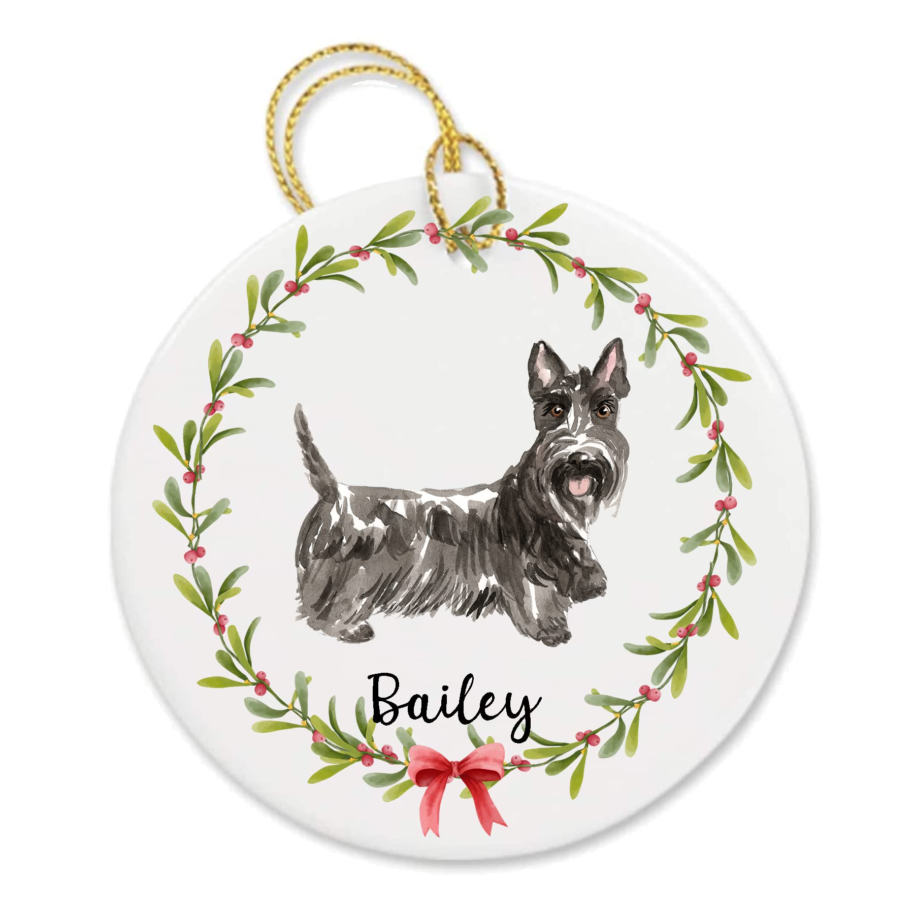 Personalized Scottie dog porcelain ornament with gold hanging ribbon