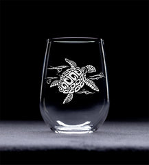 Sea Turtle Stemless Wine Glass etched design 17 oz suitable for red and white wine
