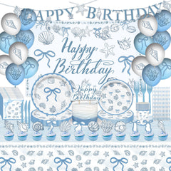 Seashell birthday party decorations kit with backdrop and balloons