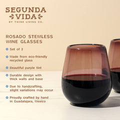 Stemless wine glass from Segunda Vida Rosado purple tint close up