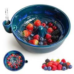 Self Rinsing Berry Washing Ceramic Bowl blue 7 inch on countertop