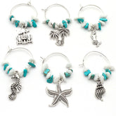 Serendipity Beach Wine Glass Charms set of 6 with seashell and mermaid designs