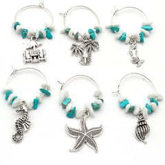 Serendipity Beach Wine Glass Charms set of 6 with seashell and mermaid designs