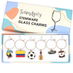 Serendipity Colombia Wine Charms set of 6 with guitar toucan flag coffee soccer ball hat