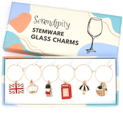 Serendipity English Wine Glass Charms set with Union Jack Big Ben and other British symbols