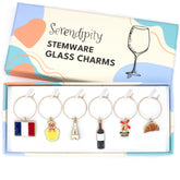 Serendipity France Wine Glass Charms set of 6 travel symbols including flag and Eiffel Tower