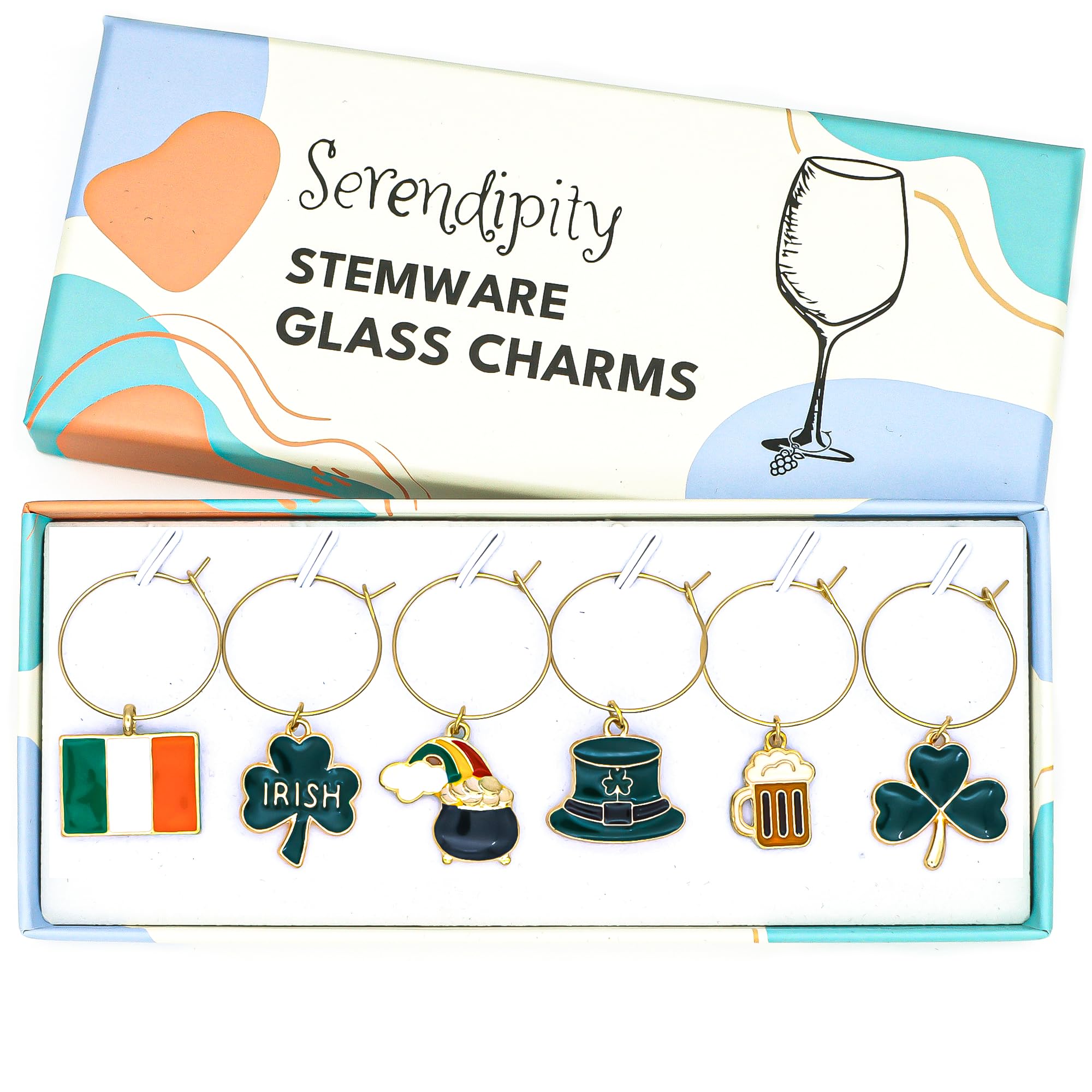 Serendipity Irish Wine Glass Charms set of 6 with Ireland Flag charm