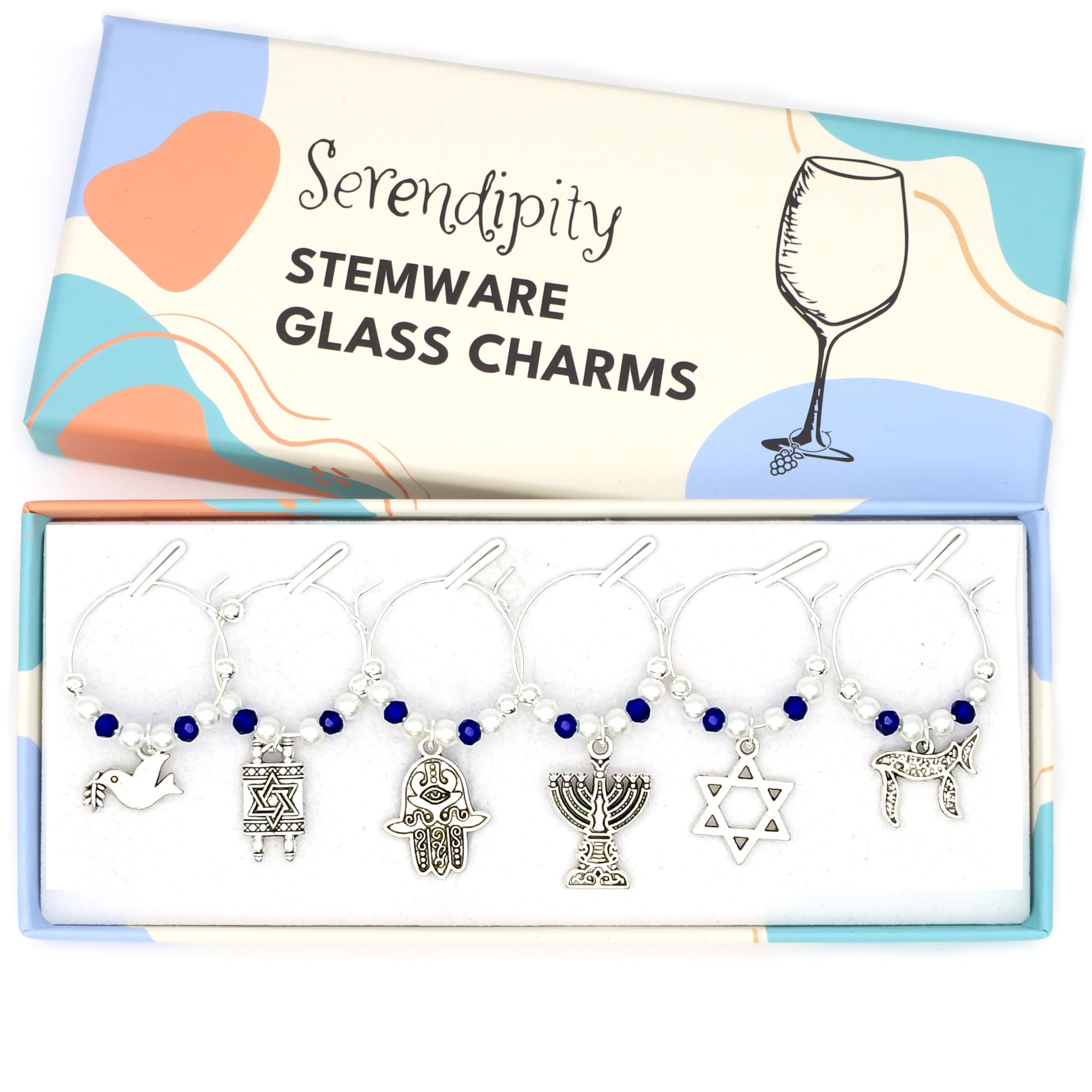 Serendipity Jewish Wine Glass Charms set of 6 silver Hanukkah motifs