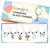 Serendipity Jewish Wine Glass Charms set of 6 silver Hanukkah motifs