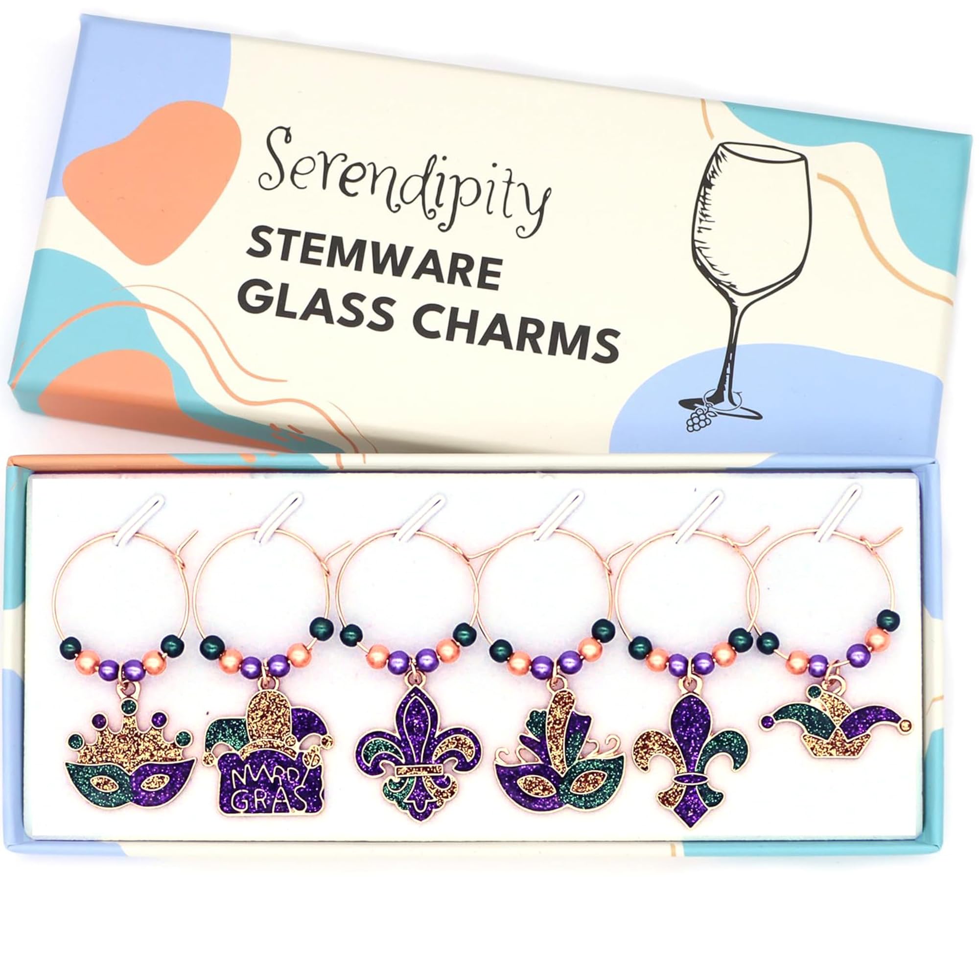 Serendipity Set of 6 Mardi Gras Wine Charms for party glass identification