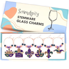 Serendipity Set of 6 Mardi Gras Wine Charms for party glass identification