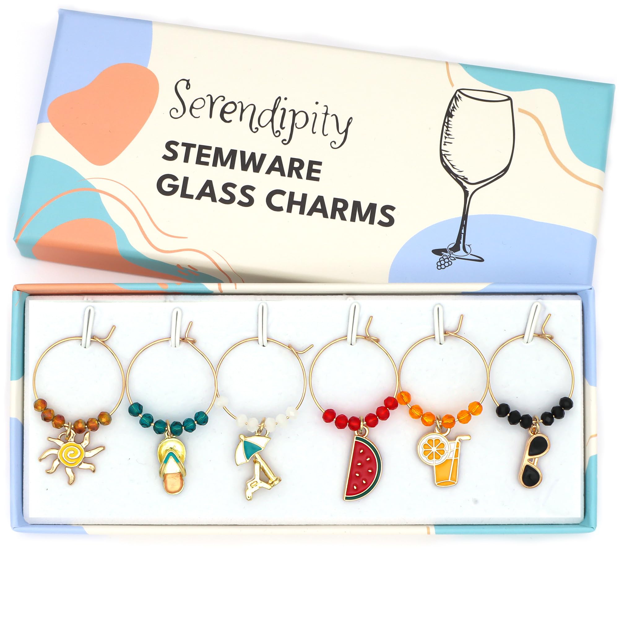 Serendipity Summer Wine Glass Charms set of 6 enamel charms for stemware