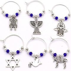 Six pack Serendipity wine glass charms with Menorah Chai Star of David for Jewish holidays in silver