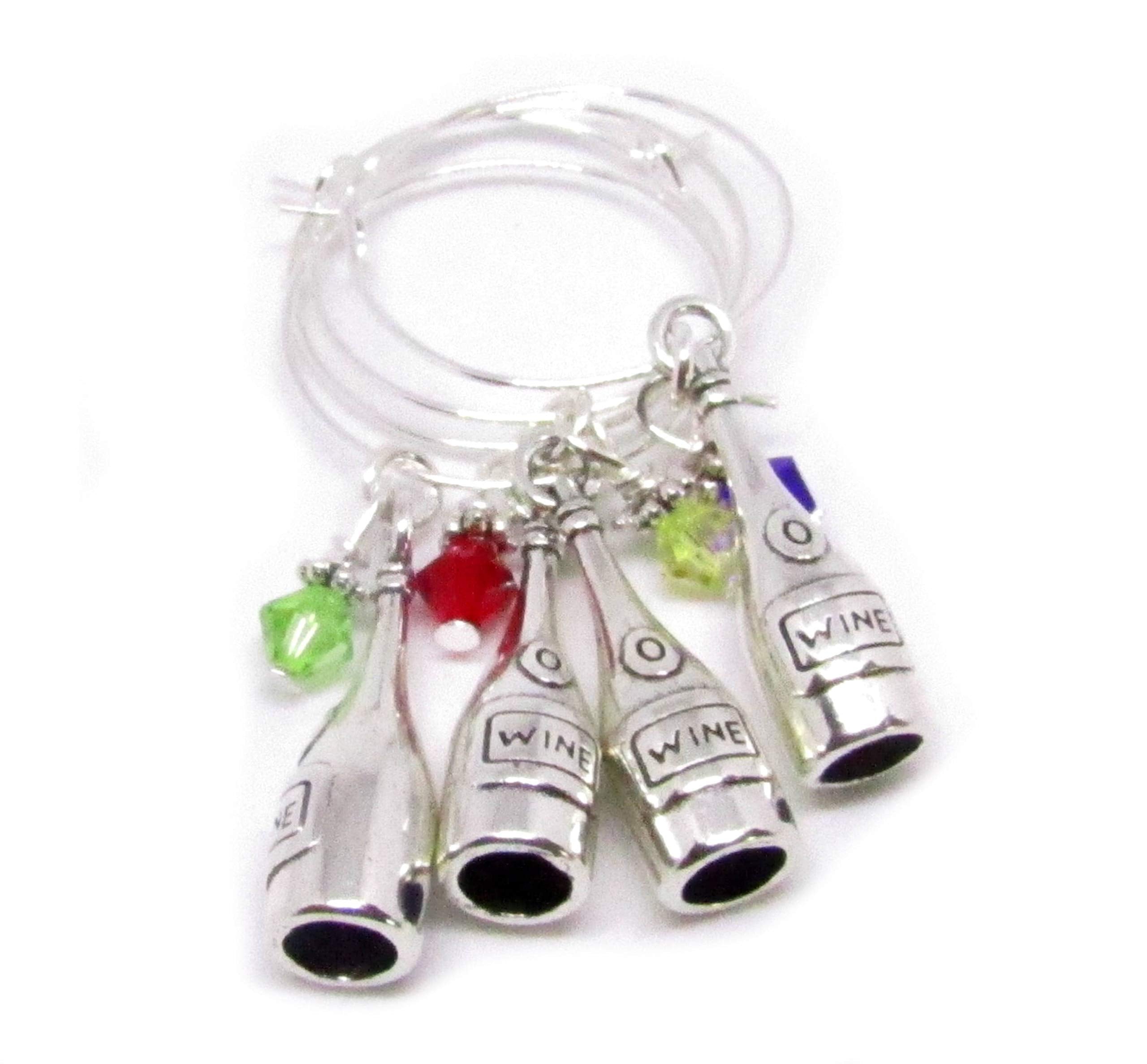 Set of 4 wine glass charms with silver-tone bottle design