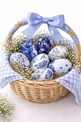 Set of 6 lightweight plastic Easter eggs in blue white fabric