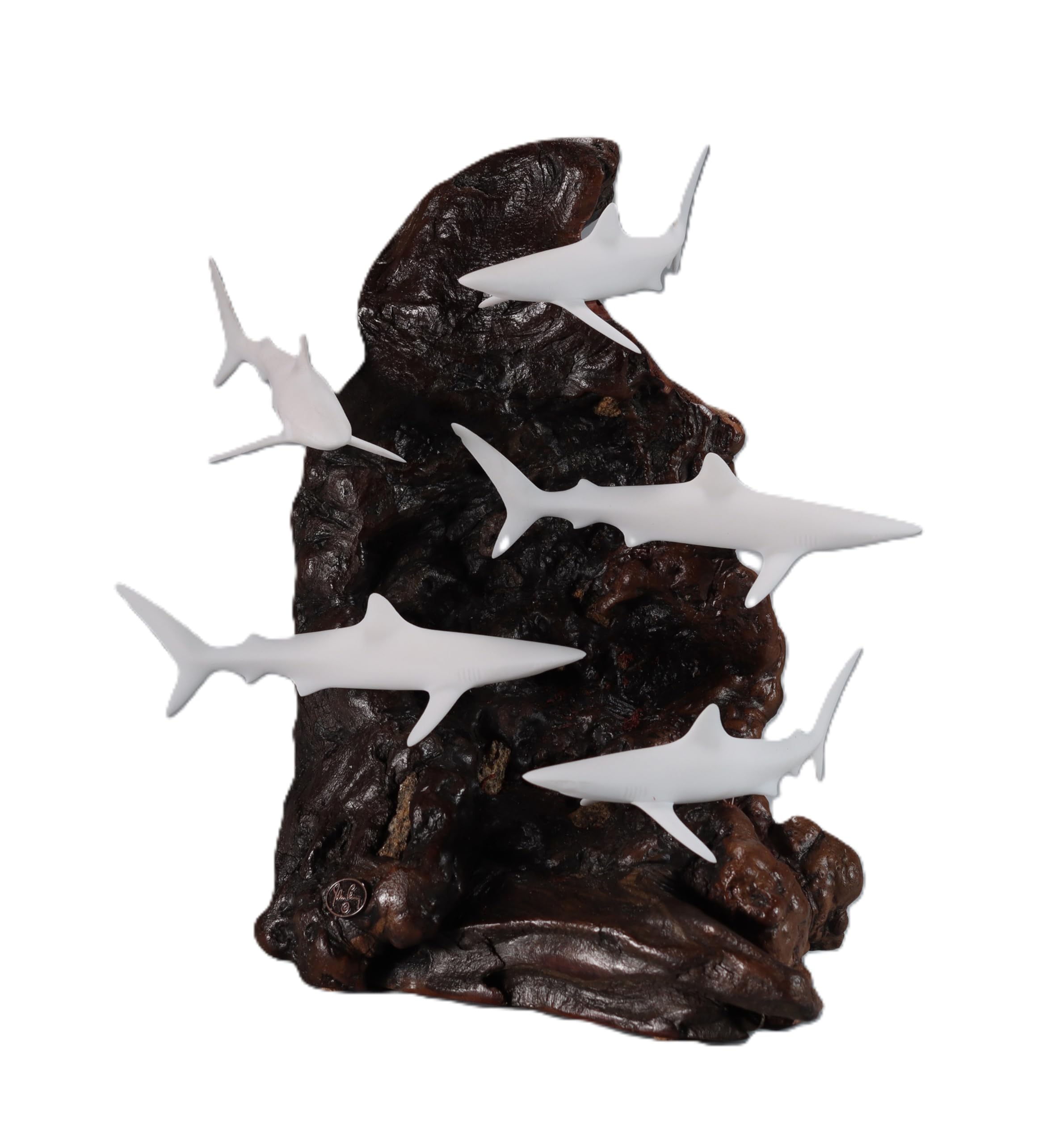 Shark School Sculpture by John Perry on polished burlwood base
