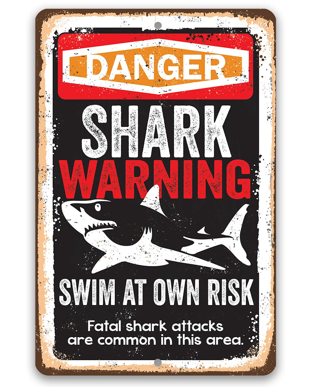 Shark Warning Swim at Own Risk metal beach sign