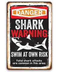 Shark Warning Swim at Own Risk metal beach sign