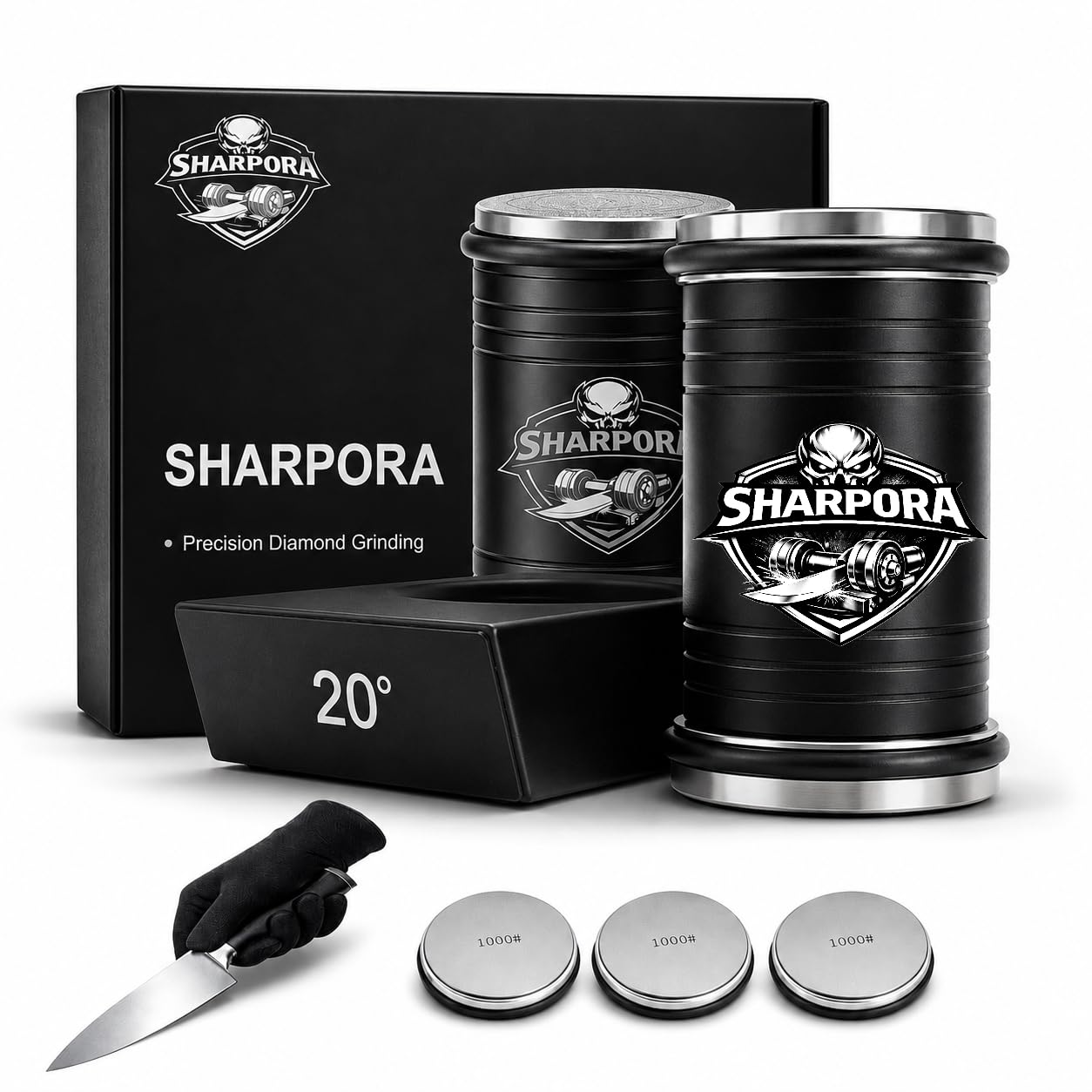 SHARPORA rolling knife sharpener system close up showing 3 stage grit design
