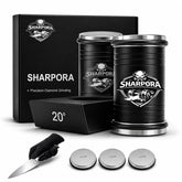 SHARPORA rolling knife sharpener system close up showing 3 stage grit design
