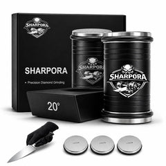 SHARPORA rolling knife sharpener system close up showing 3 stage grit design
