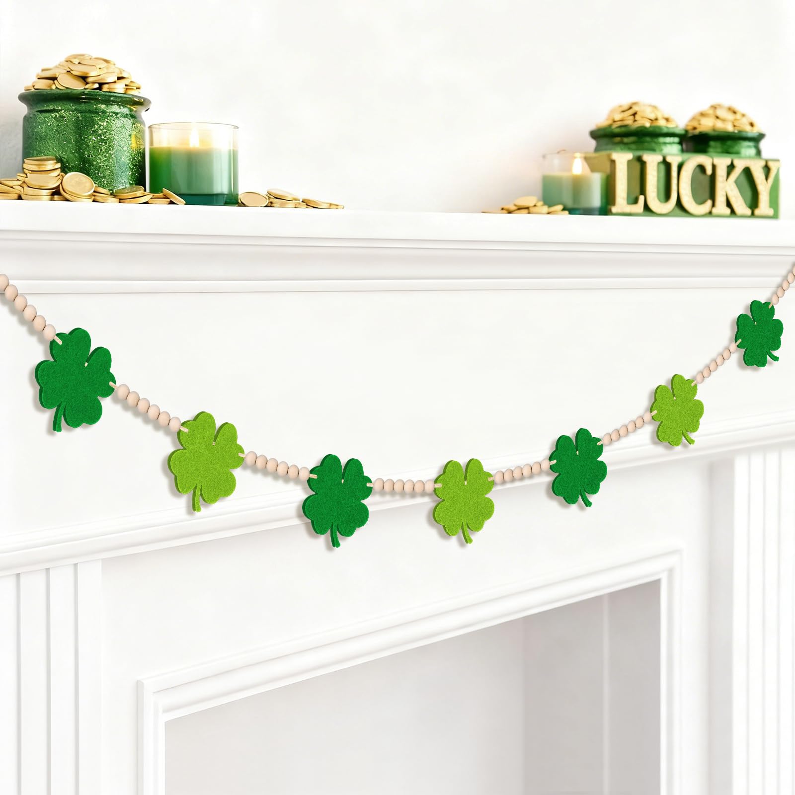 Shaxcoq St Patrick's Day garland with four leaf clovers and wood beads