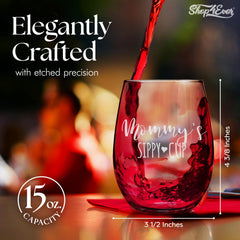 shop4ever Mommy's Sippy Cup Engraved Stemless Wine Glass 15 oz engraving close-up